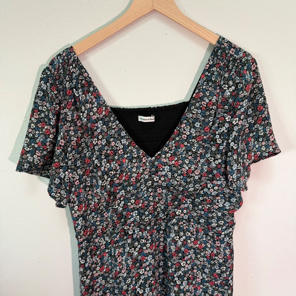 Abercrombie & Fitch Mini Dress Womens XL Black Floral Smocked Boho Cottagecore - Picture 10 of 16